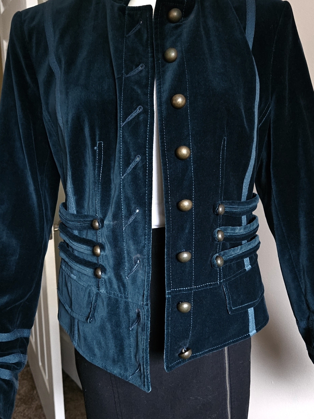 Together Teal Velvet Military-Style/Steampunk/Corset Jacket. Size 8